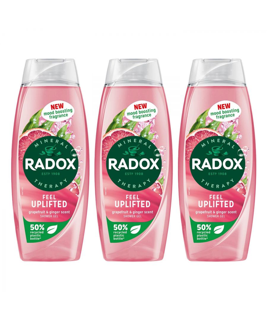 RADOX Mineral Therapy Feel Uplifted Shower Gel cleanses your skin and recharges your batteries with its mood-boosting fragrance. It goes beyond cleansing the body and awakens your senses with the reviving scent of grapefruit and ginger to get you ready for anything. This invigorating skin cleanser features our unique blend of 4 minerals and 13 herbs, which activates with hot water to transform your shower into a mineral therapy ritual. Suitable for daily use, our body wash rinses off easily, leaving your skin feeling fresh and clean.\n\nRADOX Mineral Therapy Feel Uplifted Shower Gel provides an uplifting shower experience that revives your sense. Our invigorating shower gel is made with a unique blend of minerals and herbs which activates with hot water to cleanse and uplift you. Refresh your spirits with RADOX Feel Uplifted Shower Gel, infused with a new mood-boosting fragrance of grapefruit and ginger. Our body wash is suitable for daily use – simply squeeze it out, lather on the body, and indulge in an uplifting shower experience. RADOX shower gels come in 50% recycled (excluding cap and label), 100% recyclable, and 100% refillable bottles.\n\nHow to use: Apply when showering or bathing. Apply to the skin all over your body and then wash off with hot water. Suitable for everyday use.\n\nSafety Warning: Shower Gel & Body and Face Wash & Body Scrubs Avoid contact with eyes. If contact occurs, rinse thoroughly with water.\n\nBox Contain: 3x Radox Shower Gel Feel Uplifted - 450ml