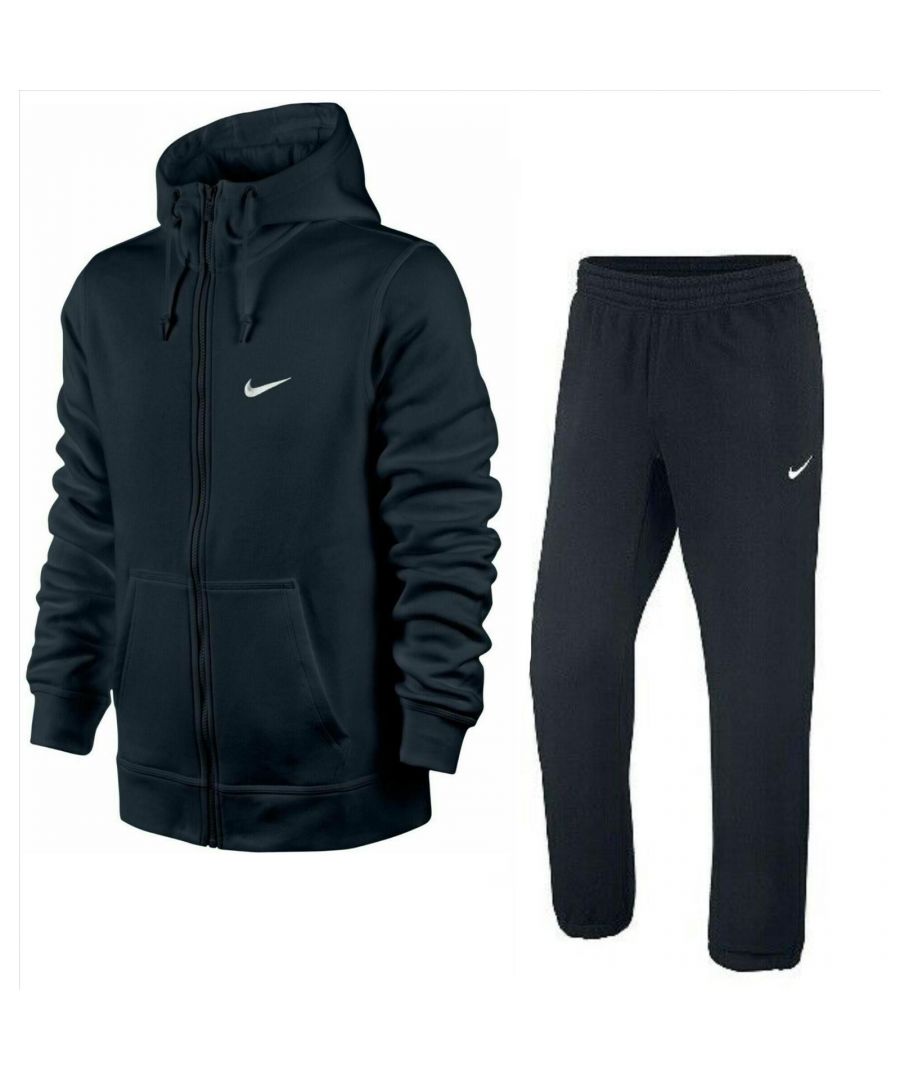 Nike Club Mens Full Zip Swoosh Fleece Tracksuit Set Includes Hoodie Joggers.\nSuit Features an Adjustable Hood for Extra Protection in Cooler Temperatures.\nBrushed-fleece Interior for a Super-soft Feel and Warmth.\nRib Cuffs and Hem for a Snug Fit and Enhanced Durability.\nEmbroidered Swoosh Design Trademark at Chest for Style.\nKangaroo Pockets for Storage and to Keep Hands Warm.\nElasticated Self Cuffed Joggers.\n2 Side Pockets on Bottoms Single Back Pocket.\nNike’s Unique Collection of Club Apparel Has Been Specifically Designed for Everyday Wear.