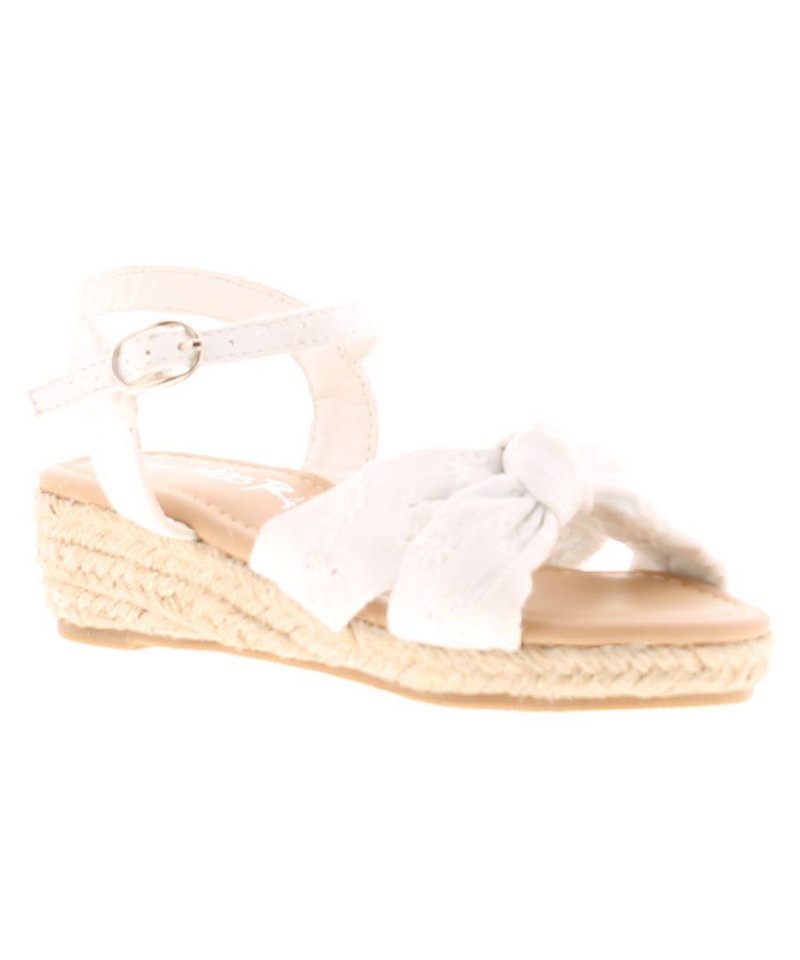 Miss Riot Brodie Younger Girls Strappy Wedge Sandals White. Fabric Upper. Fabric Lining. Synthetic Sole. Girls Fashion Open Toe Knotted Vamp Broderie Anglaise Sandal Espadrille Wedge.