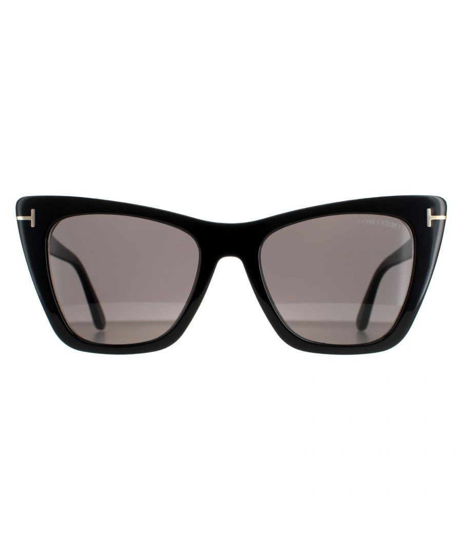Tom Ford Cat Eye Womens Shiny Black Smoke Poppy FT0846 Sunglasses are a strong bold frame with the iconic T-bar metal accent wrapped around the temple which further accentuates the cat eye lift to the corners.