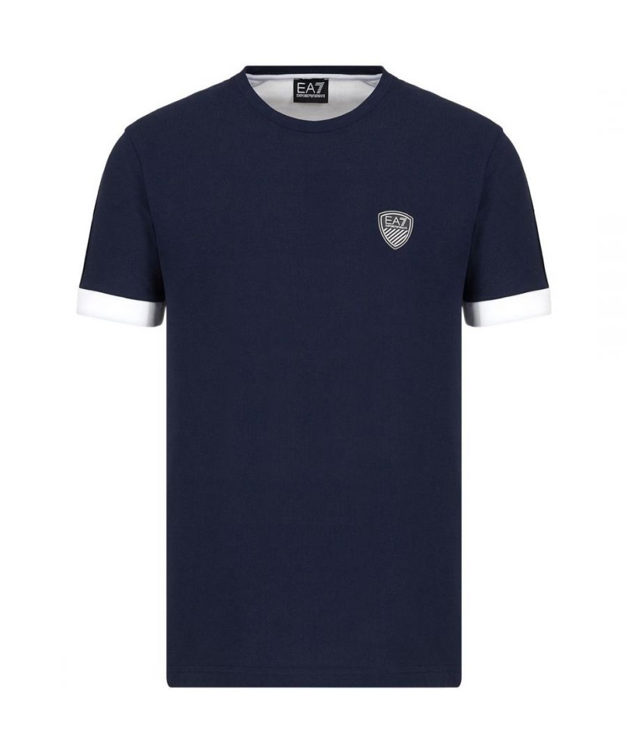 EA7 Brand Chest Logo Navy Blue T-Shirt. EA7 Blue T-Shirt. Style Code: 3KPT56 PJ4MZ 1554. 100% Cotton. White Sleeve Ends and Back. Logo On Chest