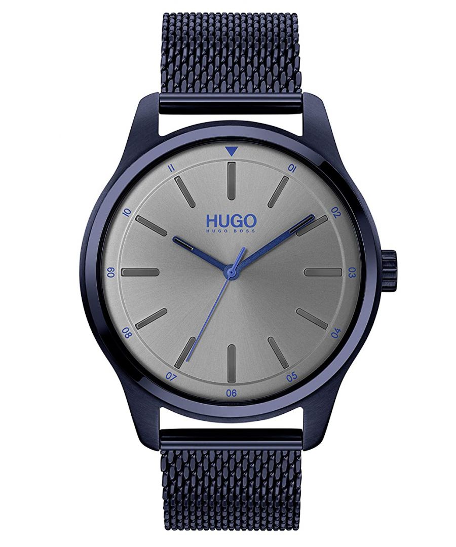 This Hugo Dare Analogue Watch for Men is the perfect timepiece to wear or to gift. It's Blue 42 mm Round case combined with the comfortable Blue Stainless steel watch band will ensure you enjoy this stunning timepiece without any compromise. Operated by a high quality Quartz movement and water resistant to 3 bars, your watch will keep ticking. This classic and trendy watch is a perfect gift for New Year, birthday,valentine's day and so on High quality 21 cm length and  19 mm width Blue Stainless steel strap with a Fold over clasp Case diameter: 42 mm,case thickness: 8 mm, case colour: Blue and dial colour: Grey