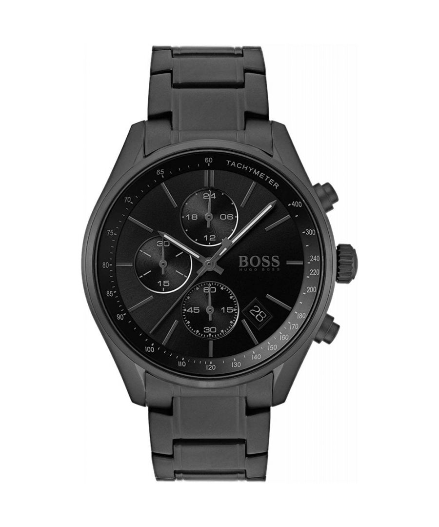 PRODUCT INFO\t\t\tCase Diameter: 44mm\tCase Material: Black Ion Plating Stainless Steel\t\t\tWater Resistant: 50 Metres\tMovement: Quartz (Battery)\tDial Colour: Black\t\t\tStrap Material:  Stainless Steel Bracelet\tClasp Type: Push Button Deployment\t\t\tGender: Male\tDESCRIPTION\t\t\t\t\tThis Hugo Boss Mens watch is complete with a Japanese Quartz movement and chronograph function.\t\t\t\t\tIt will add a little bit of elegance and sophistication to the office complementing your crisp suit and tie. Undeniably stylish with a grey dial and fastens with a silver stainless steel strap with rose gold colour baton hour markers.  \tFREE Home Delivery - Including Next Day Service*\tAvailable for gift wrap\tReturns policy