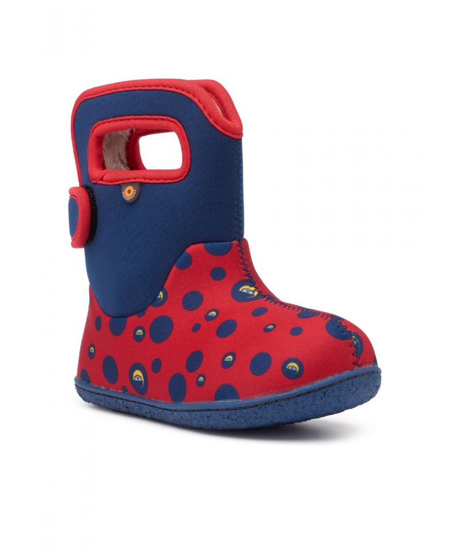 Created in collaboration with leading footwear specialists Bogs, our exclusive Spotty Otter x Baby Bogs waterproof boots are lightweight and flexible, with a plush lining to keep toes warm and dry all day long. Designed especially for your fast-growing littlest cubs, their Neo-Tech insulation, DuraFresh bio-technology, and machine washable technology will keep them cute and cosy from the toes up. In vibrant red, the easy on-off back opening and pull on handles make light work for little hands: “Look dad, I can do it myself!”\n\nFeatures:\n100% Waterproof materials from top to bottom\nConstructed with 3mm Neo-Tech waterproof insulation\nDuraFresh natural bio-technology activates to fight odours\nBOGS Max-Wick evaporates sweat to keep feet dry\nPlush lining for warmth and comfort\nPull-on handles and easy on-off back opening\nComfort rated to 14°F/-10°C\nMachine washable (choose a gentle cold-water cycle, with half-dose of mild detergent. Air-dry stuffed with paper to preserve shape).