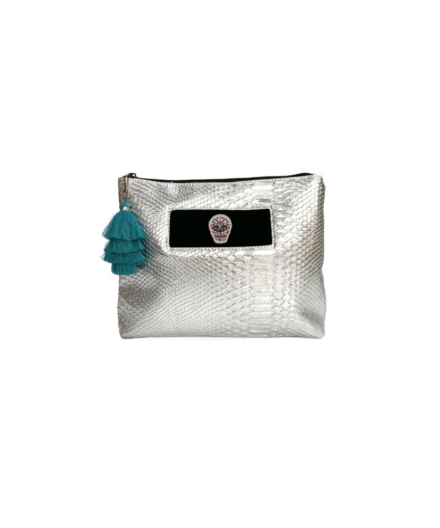 An Apatchy Original, this wash bag or large pouch is perfect for storing all toiletries (as most bottles can stand upright) or great for taking sun creams and accessories to the beach or pool! It features one large internal space with an internal open pocket. Customised with Apatchy's unique patches and includes a tassel. \n\nFully lined and crafted from a water resistant, faux leather silver snakeskin this striking bag can be wiped clean.