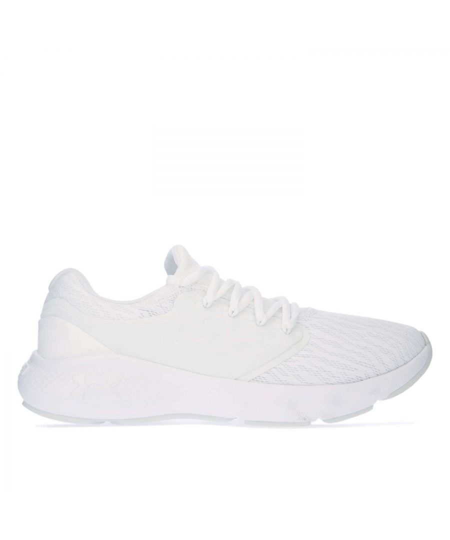 Womens Under Armour Charged Vantage Running Shoes in white.- Light  breathable stretch-mesh upper with molded synthetic midfoot panel for added durability & support.- Lace closure.- Removable foam sockliner for ultimate step-in comfort & cushioning.- Charged Cushioning® midsole uses compression molded foam for ultimate responsiveness & durability.- Anatomically placed  deep flex grooves offer extra flexibility in key areas.- Solid rubber outsole covers high impact zones for greater durability with less weight.- Textile and Synthetic upper  Textile lining  Synthetic sole.- Ref: 3023565104