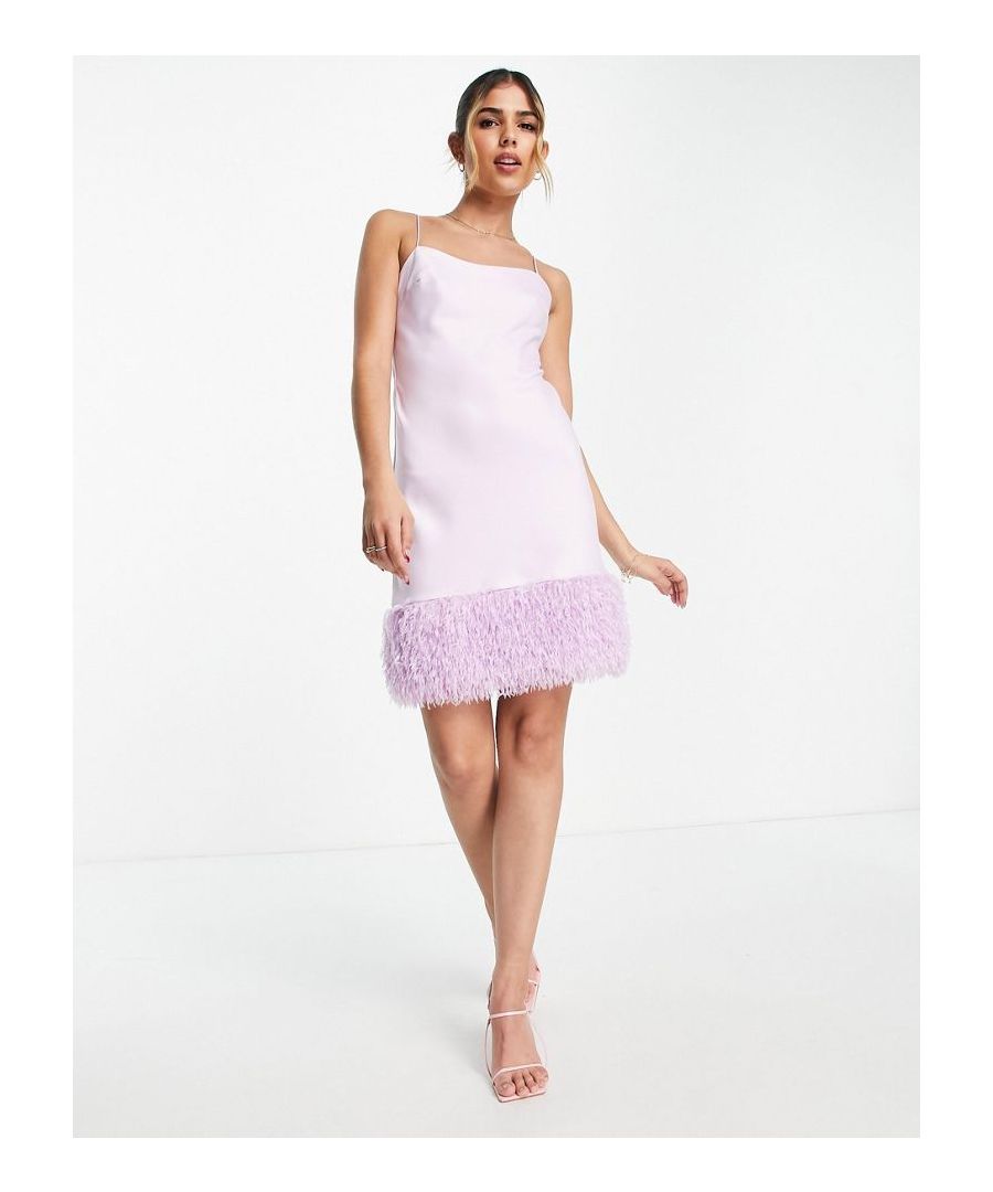 Dress by Miss Selfridge Next stop: checkout Square neck Fixed straps Faux-feather hem Regular fit Sold by Asos