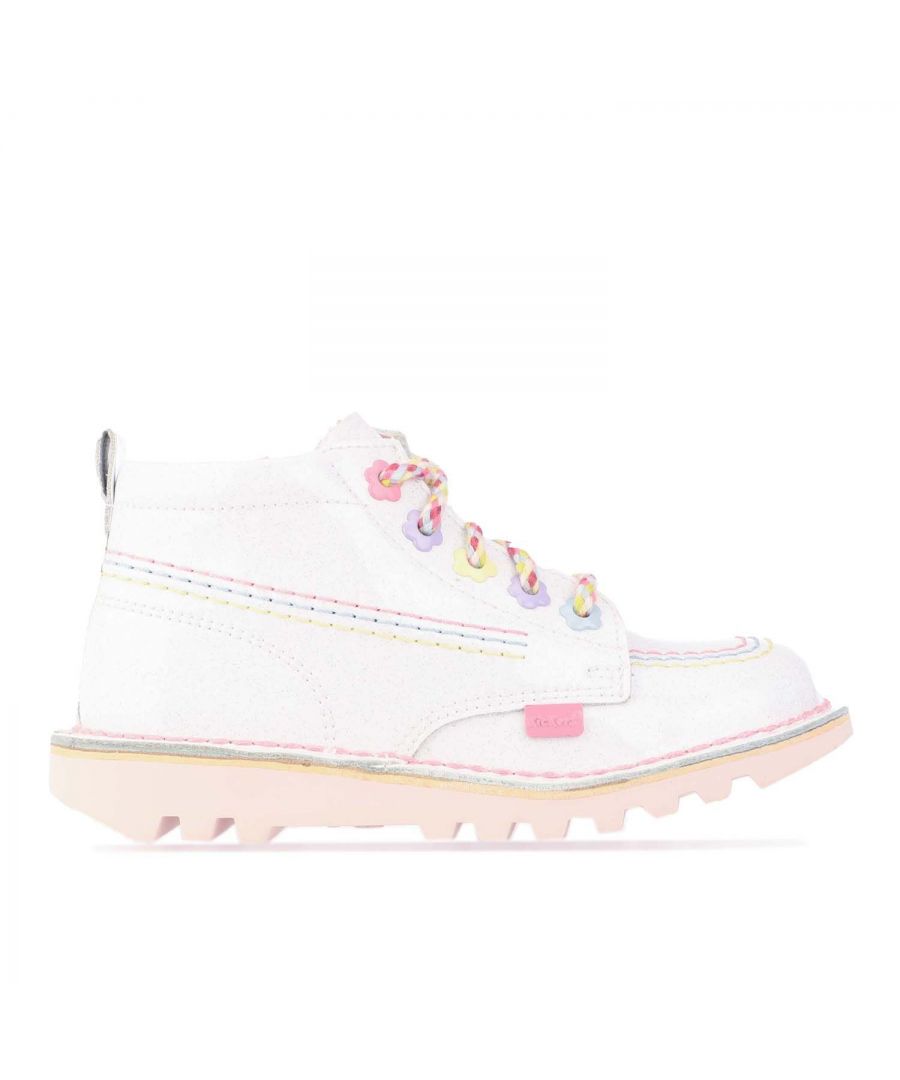 Children Girls Kickers Kick Hi Fleur Boots in white.- Patent glitter finish leather upper.- Lace up fastening.- Internal side zip for easy on and off.- Keeping it Kickers with our iconic fleurette.- Colourful braided laces.- Bright fleurette inspired eyelets.- Kickers branding.- Iconic Kicker’s durable sole.- Leather upper and lining.- Ref: 116514C