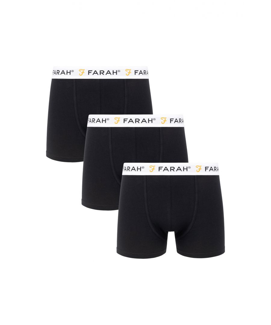 Comfort and simplicity come together with this 3-pack 'Hummond' boxers from Farah, making them an everyday essential. Made from Cotton Blend fabric for breathable and comfortable wear all-day. The boxers feature a repeat-logo elasticated waistband. Available in other colours.
