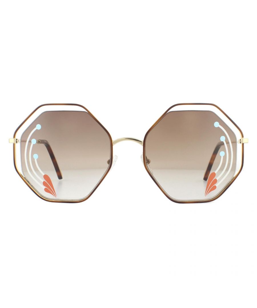 Chloe Sunglasses Poppy CE132SRI 258 Havana Gold Brown Gradient have distinctive octagonal lenses with embellishments and crafted with a double rim metal wire. Thin metal temples are tipped with plastic and embellished with the Chloe logo.