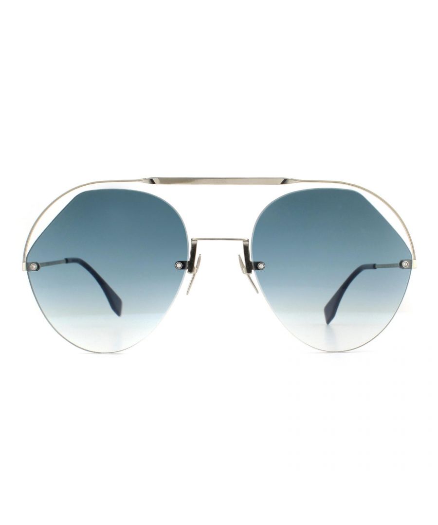 Fendi Sunglasses FF 0326/S PJP 08 Silver Blue Gradient are luxurious statement sunglasses with pilot shaped lenses and a dramatic and contemporary double bridge made from flat metal. Metal temples feature embossed logos and are tipped with acetate for comfort.