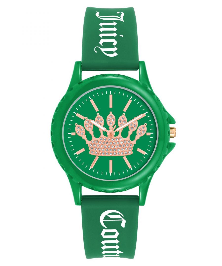 Juicy Couture Watch JC/1324GNGN\nGender: Women\nMain color: Green\nClockwork: Quartz: Battery\nDisplay format: Analog\nWater resistance: 0 ATM\nClosure: Pin Buckle\nFunctions: No Extra Function\nCase color: Green\nCase material: Metal\nCase width: 38\nCase length: 38\nFacing: Rhine Stone\nWristband color: Green\nWristband material: Silicon/Rubber\nWrist circumference (max.): 21.5\nShipment includes: Watch box\nStyle: Fashion\nCase height: 9\nGlass: Mineral Glass\nDisplay color: Green\nPower reserve: No automatic\nbezel: none\nWatches Extra: None