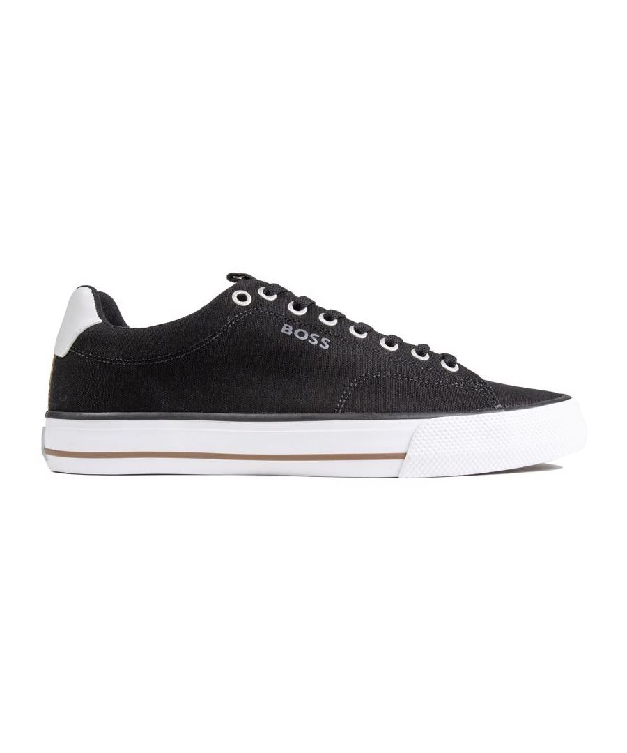 The Boss Aiden Is A Versatile Trainer With A Clean Design. The Low Profile Casual Plimsoll Features A Canvas Upper And Rubber Sole. The Black Skater Style Shoe Has Branded Metal Eyelets, Signature Boss Logo On The Side, Reinforced Heel, Padded Collar And Tongue For Extra Comfort.