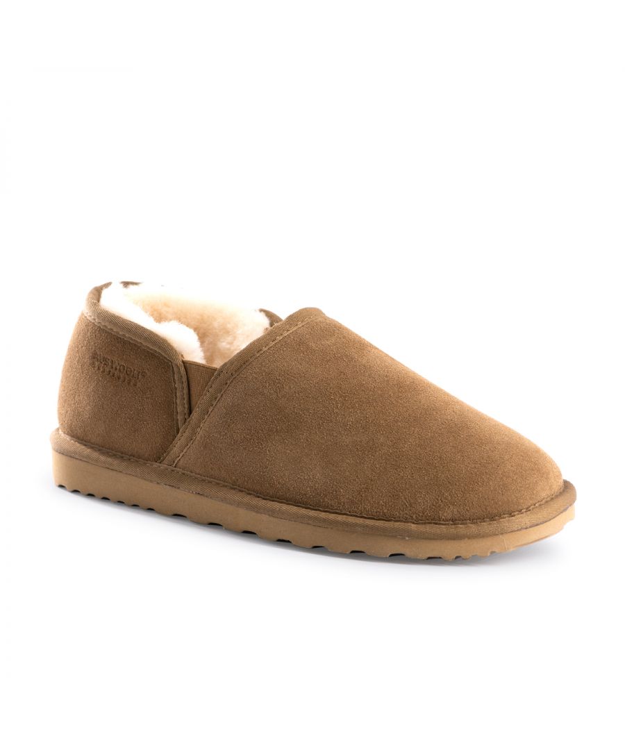 Easy slip-on slipper. Added elastic to assist with a good fit. Soft premium genuine Australian Sheepskin wool lining. Full premium leather Suede upper with Australian sheepskin insole. Sustainably sourced and eco-friendly processed. Mens sheepskin slipper - can be worn day and night. Sizing up to US Men 14. Soft EVA/Rubber outsole - extra cushioning and lightweight. Firm wool pelt for superior warmth.