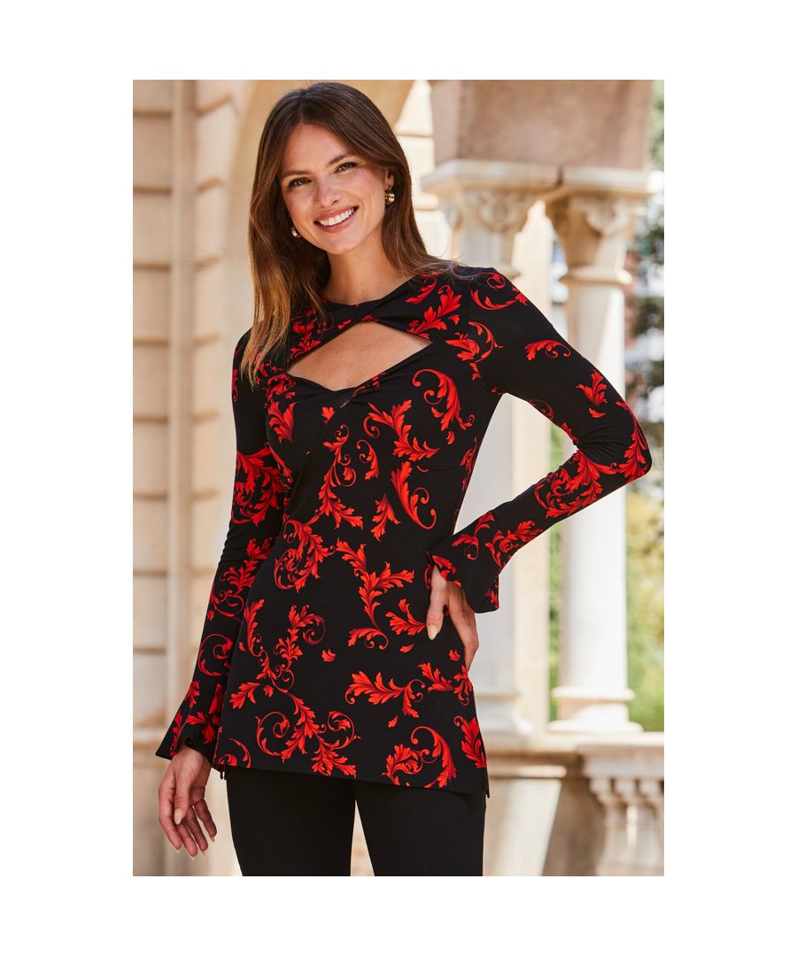 Sosandar Womens Black & Red Baroque Print Keyhole Detail Fluted Cuff Jersey Top - Size 6 UK