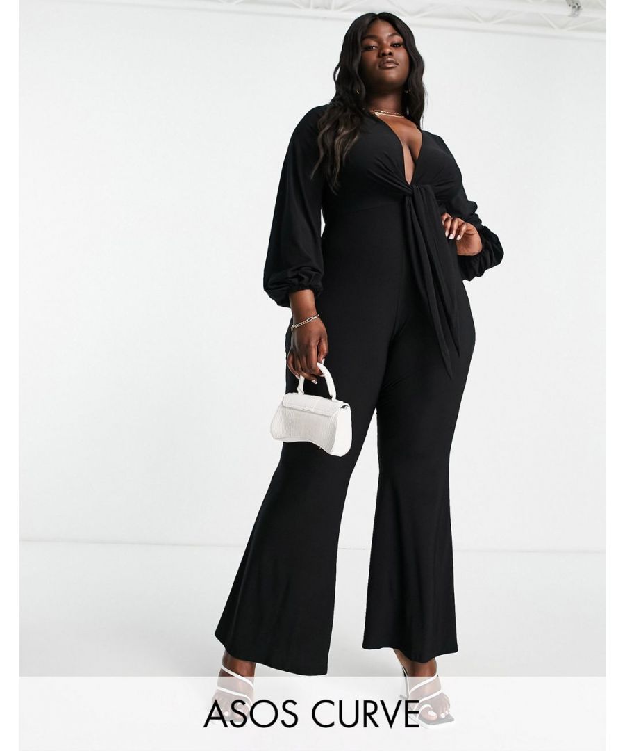 Plus-size jumpsuit by ASOS DESIGN Minimal effort, maximum payoff Plunge neck Tie front Flared leg Regular fit  Sold By: Asos