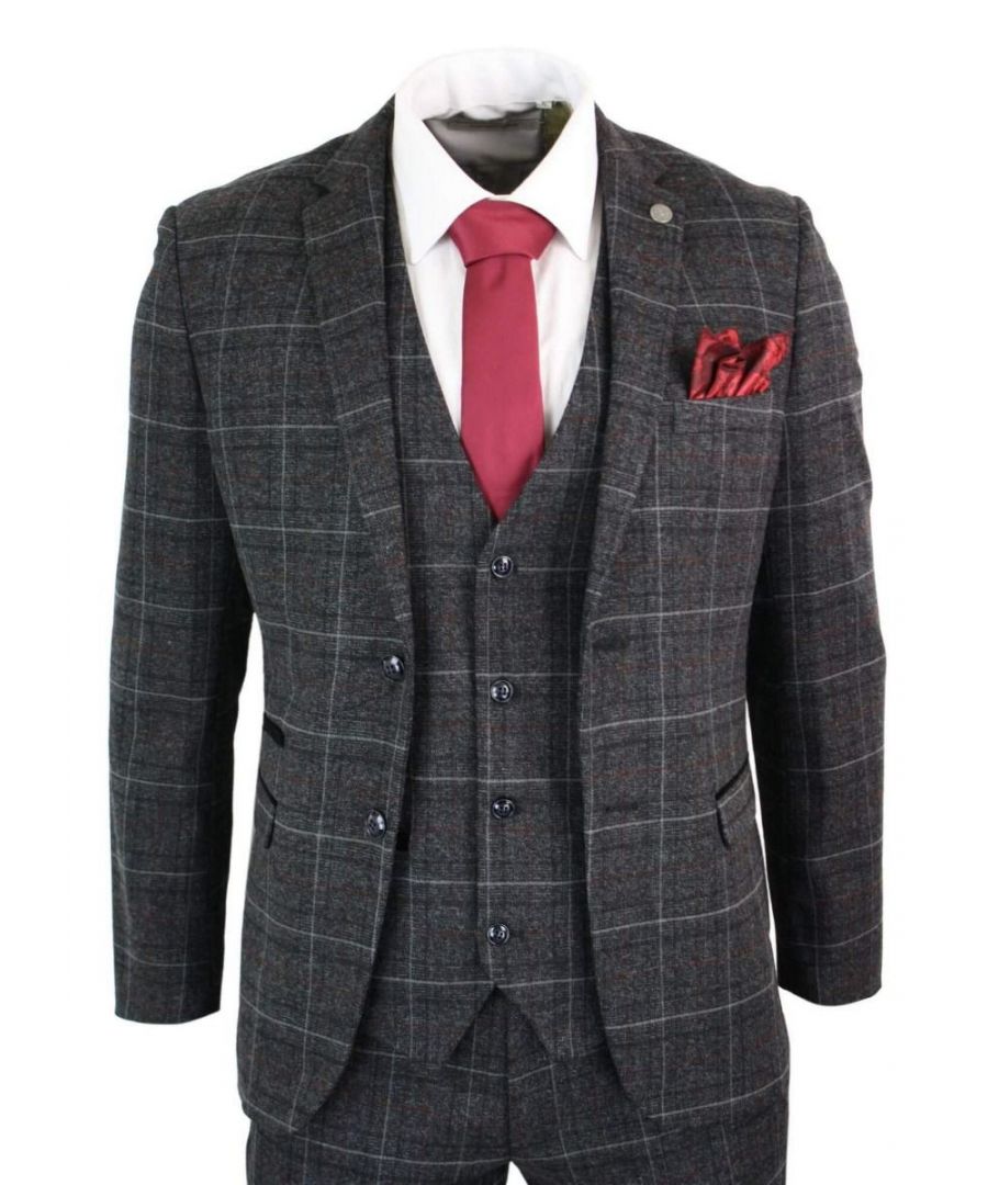 paul andrew mens 3 piece charcoal grey tweed check vintage retro suit - size 50 (chest)