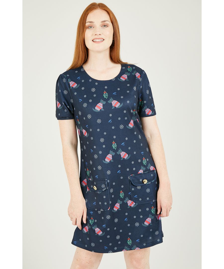 And they called it, puppy love.... This super cute Yumi Mistletoe Terrier Tunic Dress features an adorable design, with loved up terrier pups kissing under the mistletoe. Perfect for adding that festive sparkle to work or weekend wear. Features short sleeves and roomy, statement front pockets with button fastening.