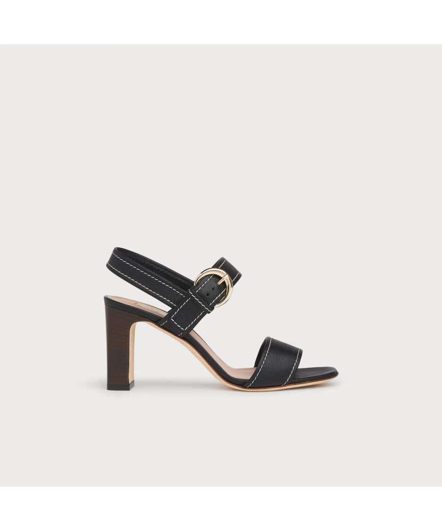 Sleek and stylish, our Natalie sandals are a new style for SS20. Crafted in Italy from grainy black leather, they have a double-strap design with statement buckle detail, a back strap and a wooden stacked 80mm block heel for added comfort. Wear them with summer skirts and dresses when you need some height.