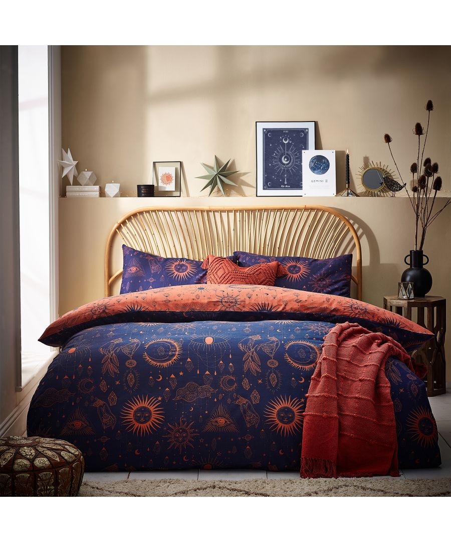 Fall asleep under mystical bronze moons, stars and suns, set on a night sky navy background, with this fabulously designed duvet set. The striking bronze reversible design allows you to choose which colour you wish, depending on your mood.