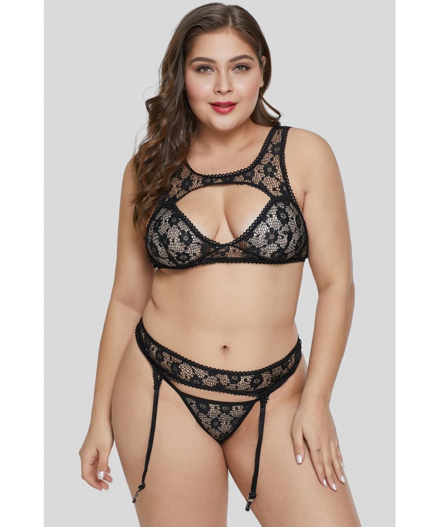 The hollow-out center makes sexy cleavage and breasts exposing. Wireless cups, floral lace bralette with hook and eye closure back. Garter belt and matching thong include wholesale. Matches perfectly with stockings, dresses and costumes. Azura Exchange plus size lingerie for sexy moments