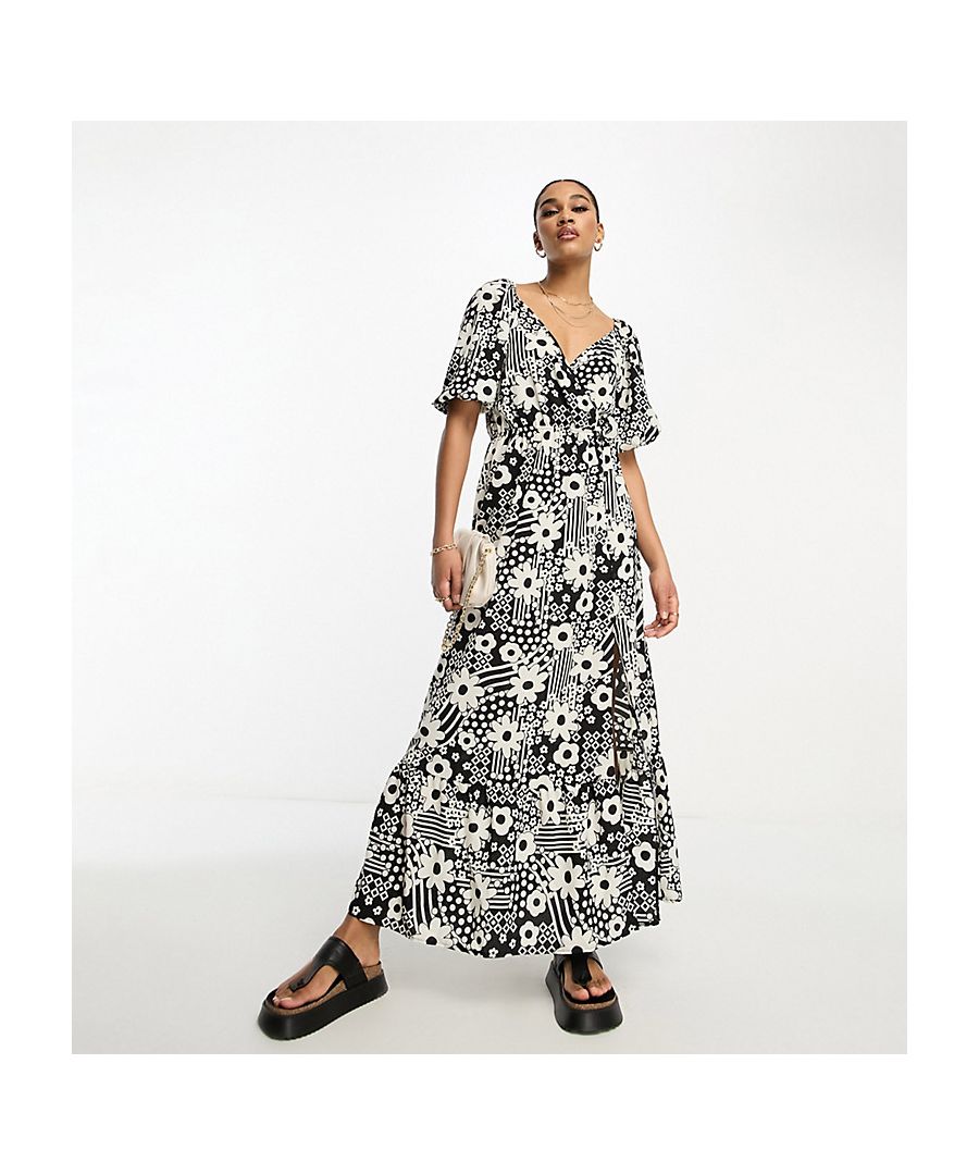 Asos Tall Womens Design Wrap Bodice Button Through Skirt With Pep Hem Midi Dress In Mono Floral-Multi - Black - Size 10 Uk