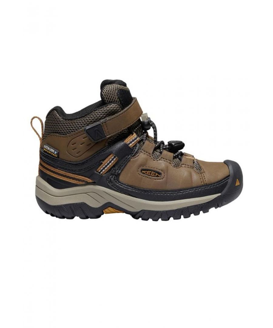 Taking the same lean, tough, and gritty design as their award-winning adult hiking boots, the KEEN Kids Targhee collection is built to take active boys and girls further. With cushioned support, weatherproof performance, and all-terrain traction, they'll attack every trail with confidence.\n\nFeatures\n\n\nKEEN.DRY waterproof, beathable membrane\nSecure-fit lace-capture system\nPadded tongue and collar for comfort\nTPU heel-capture system for stability\nCleansport NXT™ for natural odour control\nPFC-free durable water repellent\n\n\nMaterial\n\n\nWaterproof leather and textile upper\nNon-marking rubber outsole leaves no trace\nBreathable mesh lining\nRemovable EVA insoles\nTechnologies\n\n\nKEEN.DRY\n\n\nA proprietary waterproof, breathable membrane that lets vapor out without letting water in.\nCare\n\nCarefully selected leather uppers designed to last. Then again, if you're wearing your KEENs daily, they won't always be scuff and dirt-free. To treat day to day wear and tear, especially on lighter colour leathers, we recommend using a leather cleaner and conditioner, found at most footwear retailers and/or shoe repair shops.