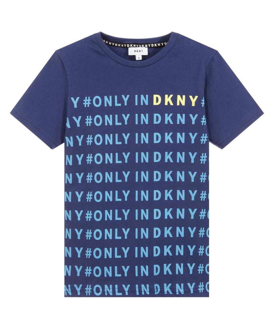 This DKNY blue cotton jersey t-shirt for Kids, features an all over light blue and yellow logo print on the front.