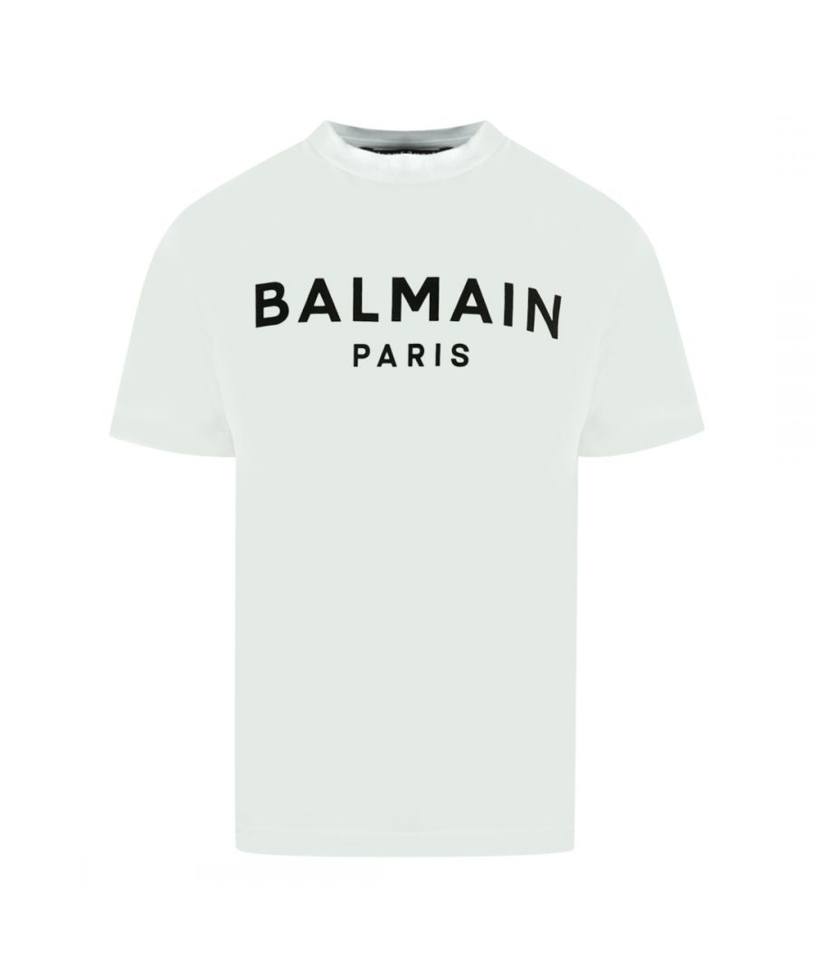 Balmain Paris Print Logo White T-Shirt. Balmain White Tee. 100% Cotton. Crew Neck. Logo On Front. Style: XH1EF000 BB23 GAB