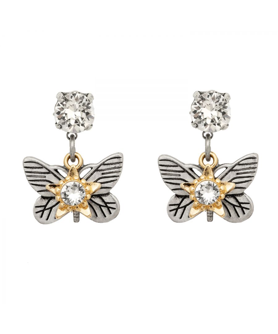 Our iconic Bibi Bijoux butterfly earrings feature delicate etched butterflies layered with a beautiful star gem stone charm mixing gold and silver tone plating to create a dazzling eaaring that is easy to wear yet sure to be noticed. The large gem stone post detail continues the glamour in these eyecatching earrings. Delivered in a Bibi pouch these earrings are perfect for day to evening or even as a gift for a loved one!