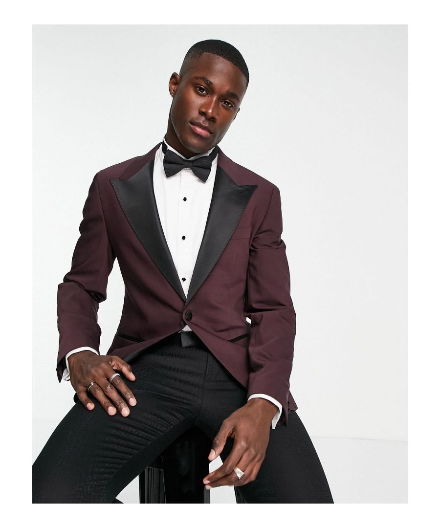 Suit jacket by Noak You choose the occasion Peak lapels with buttonhole Padded shoulders Single-breasted style Single-button fastening Chest and side faux pockets Internal chest and pen pockets Centre vent to reverse Super-skinny fit  Sold By: Asos