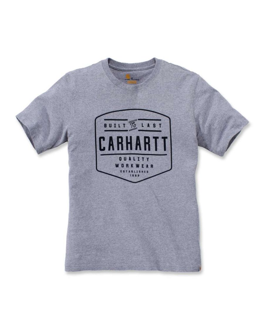 Relaxed Fit. 6.75 oz/yd2 / 229 gsm. Side-seamed construction to minimize twisting. Tagless neck label. Carhartt label sewn on front hem. Built By Hand graphic printed on front. HEATHER GREY fiber content 90% cotton, 10% polyester.