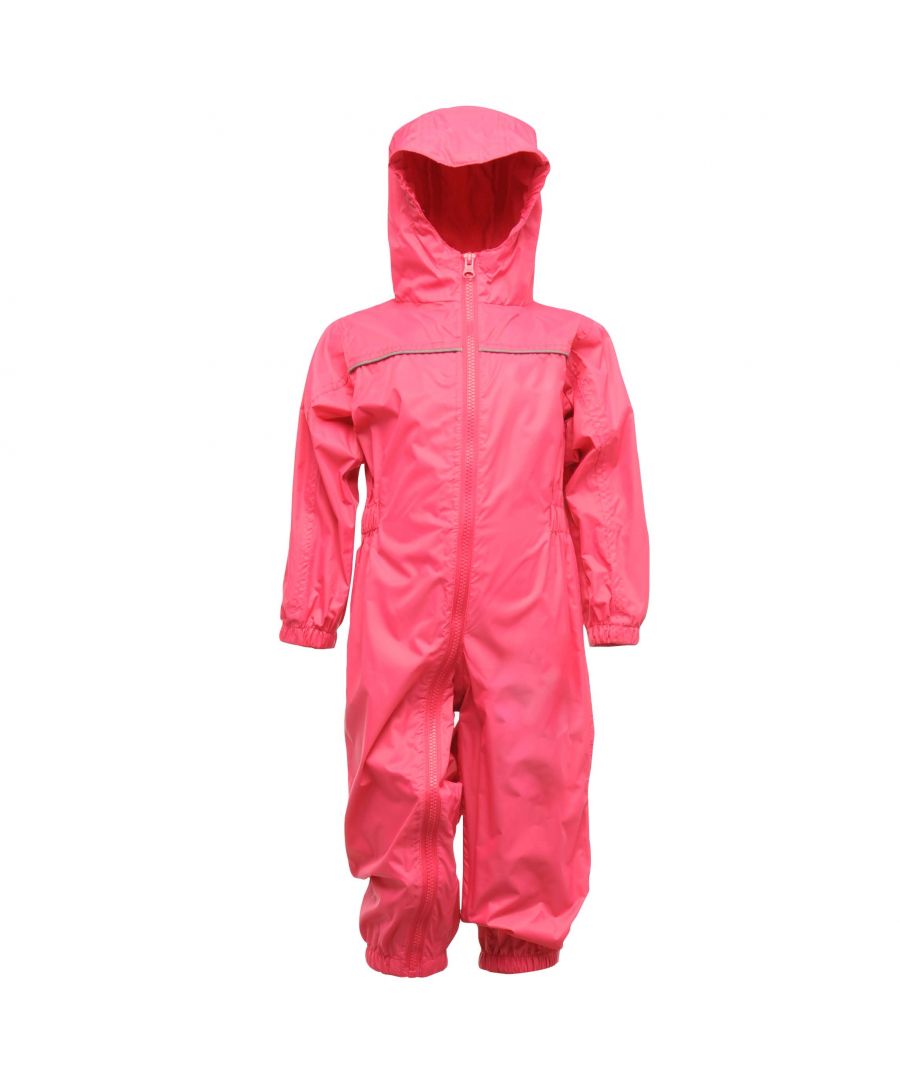 Baby/kids rain suit. Waterproof. Breathable. Windproof. Taped seams. Integral hood. Reflective trim to front and back. Part-elasticated waist. Elasticated cuffs and hem. Lightweight. Fabric: 100% Polyester. Regatta Little Adventurers sizing (height approx): 6-12 Months (74-80cm), 12-18 Months (80-86cm), 18-24 Months (86-92cm), 24-36 Months (92-98cm), 36-48 Months (98-104cm), 48-60 Months (104-110cm), 60-72 Months (110-116cm).