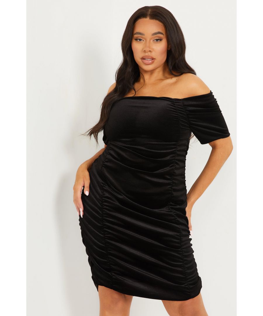 - Curve collection  - Velvet finish  - Bardot style  - Midi length  - Ruched sides  - Bodycon fit   - Length: 110cm approx  - Model Height: 5' 9