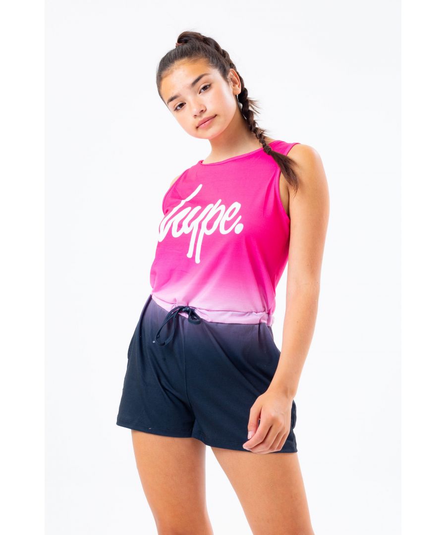 Your summer look made easy with the HYPE. pink & black fade kids playsuit. In our signature fade effect in pink to black. Featuring a vest shaped top and runner short inspired bottom half. This is perfect with a pair of summer sandals and cropped denim jacket. Finished with the iconic HYPE. script logo in a contrasting white. Machine wash at 30 degrees.
