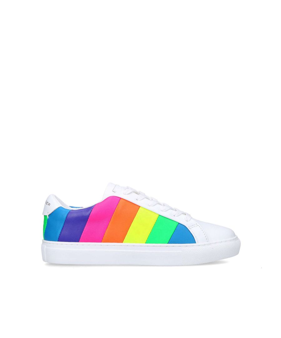 The Lane Stripe sneaker is crafted from a metallic laminated pebble grain cow leather in the iconic diagonal rainbow sewn stripe pattern with classic lace up front.