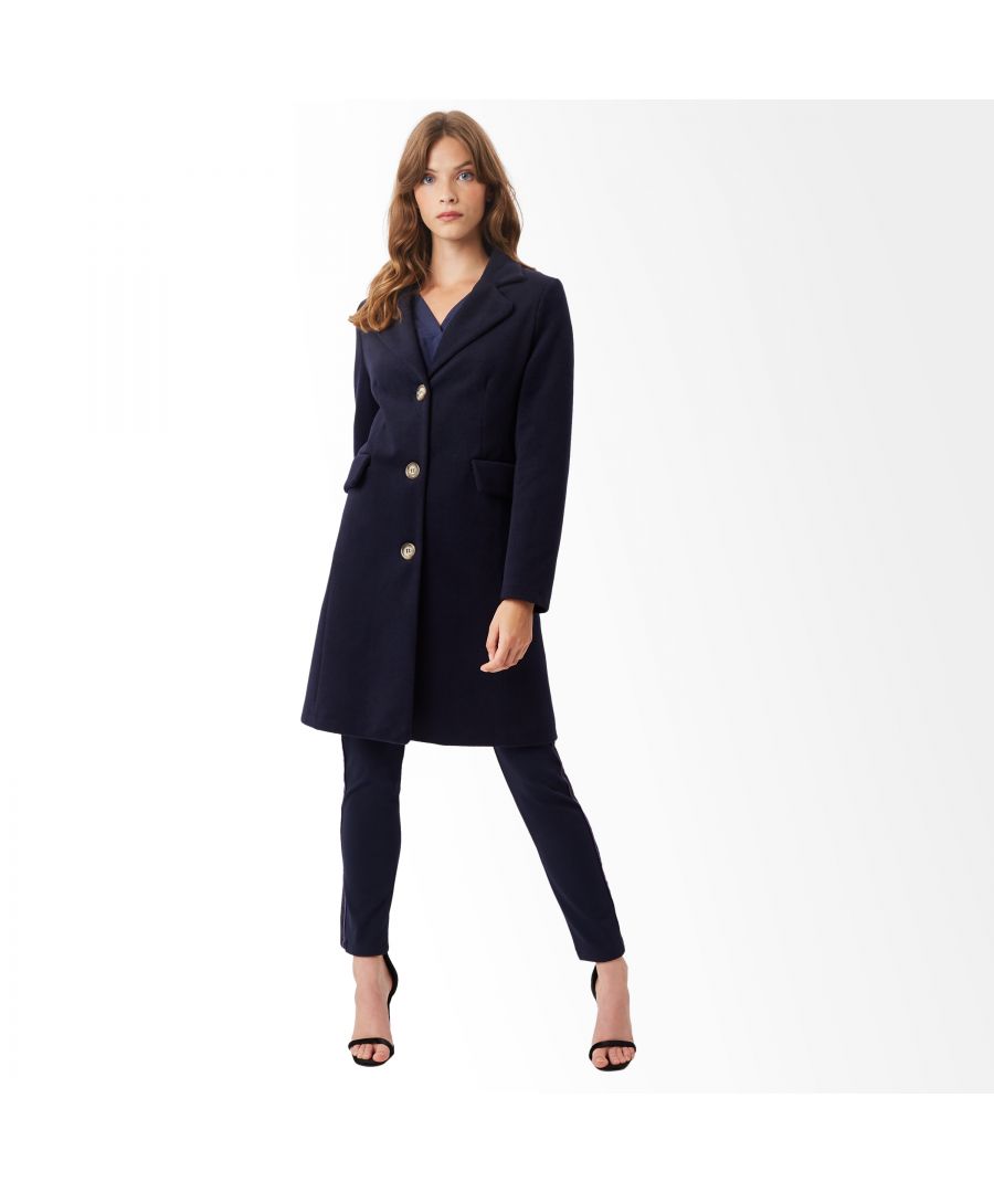 This season the chic three button coat is back, with the addition of a stylish front flap pocket, cut in a straight fit silhouette and back vent for movement, featuring stylish camel coloured buttons, falls by the knee, fully lined and crafted in a soft fabrication, a wardrobe classic to last season after season.