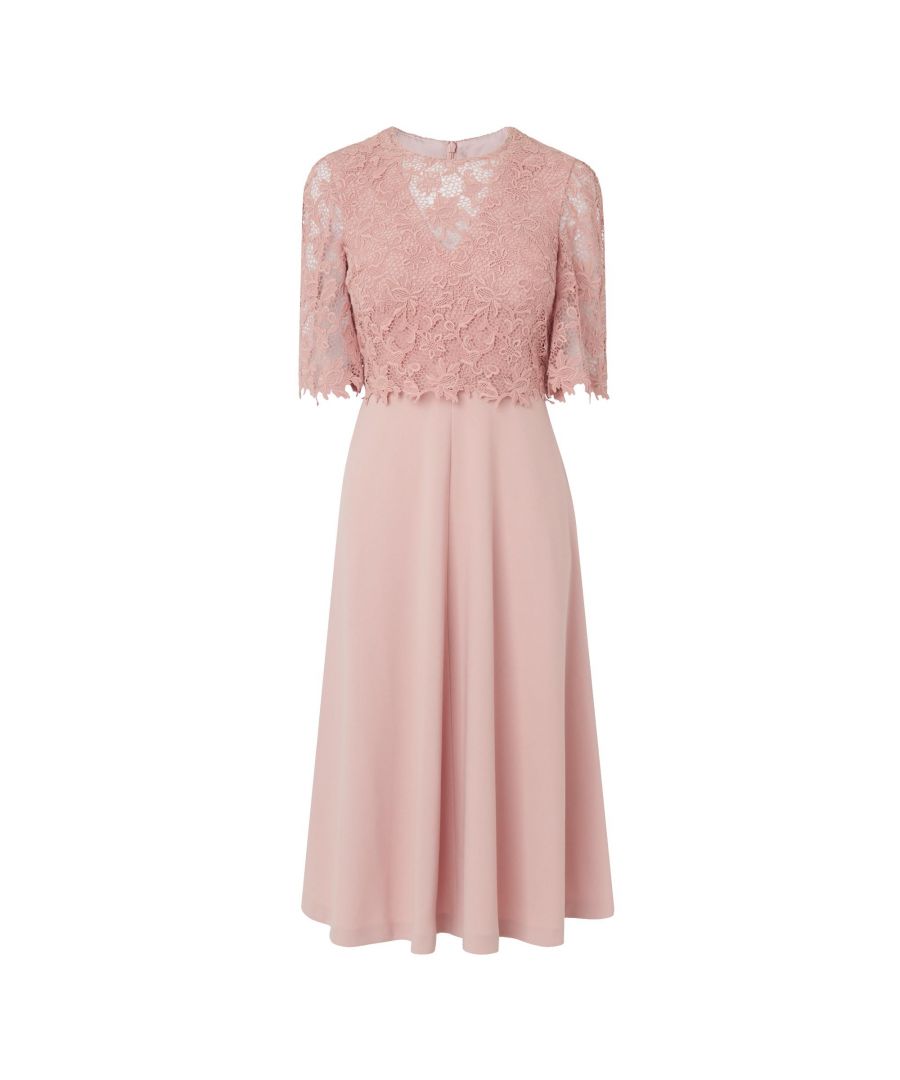 Etta is the perfect 'plus one' to your busy social calendar this season. Beautifully crafted with a delicate sheer lace top, perfectly layered over a blush pink base, this elegant occasion dress is a stylish fusion of femininity and timelessness. Designed to fall just below the knee for a flattering event look.