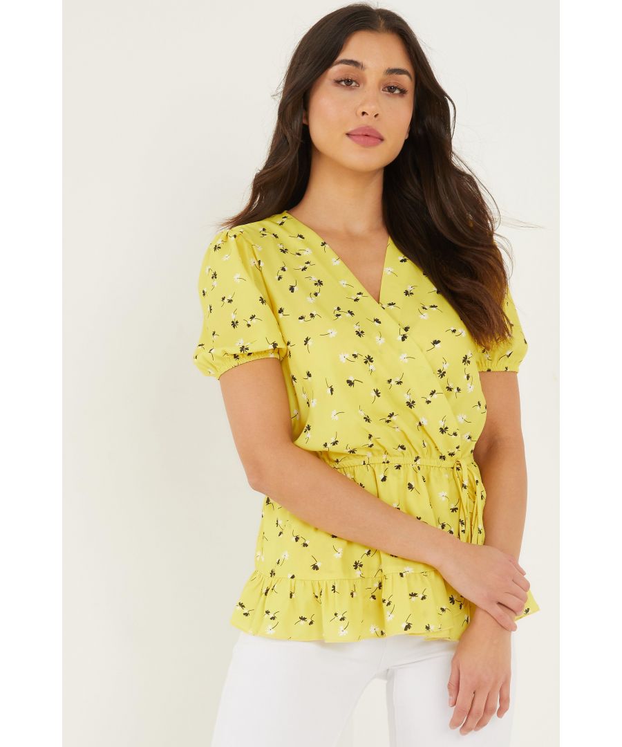 Quiz  Womens Yellow Floral Wrap Top - Size 8