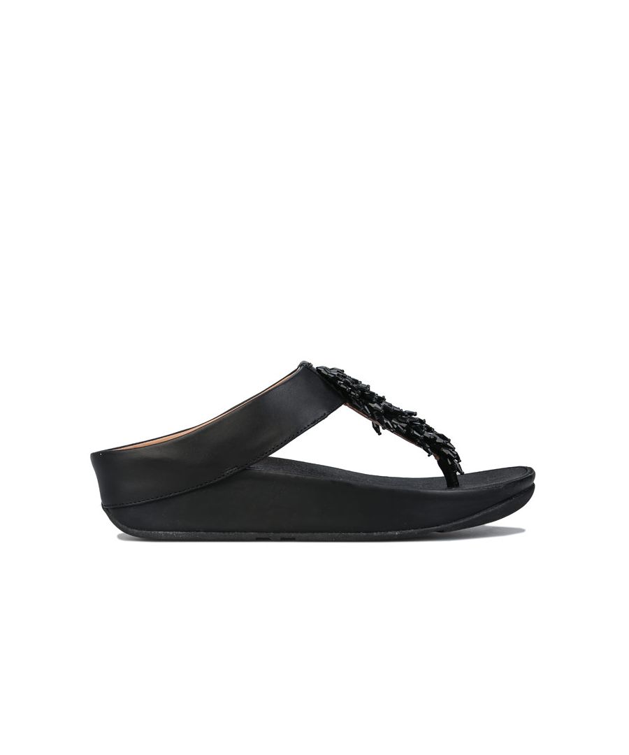 Womens Fit Flop Rumba Leather Toe Post Sandals in black.<BR><BR>- Leather upper with beaded embellishment on toe strap.<BR>- Soft  synthetic linings.<BR>- Easy slip-on style.<BR>- Padded insole for comfort.<BR>- Textured outsole for traction.<BR>- Fit Flop branding.<BR>- Leather and synthetic upper  Textile lining  Synthetic sole.<BR>- Ref: K26001