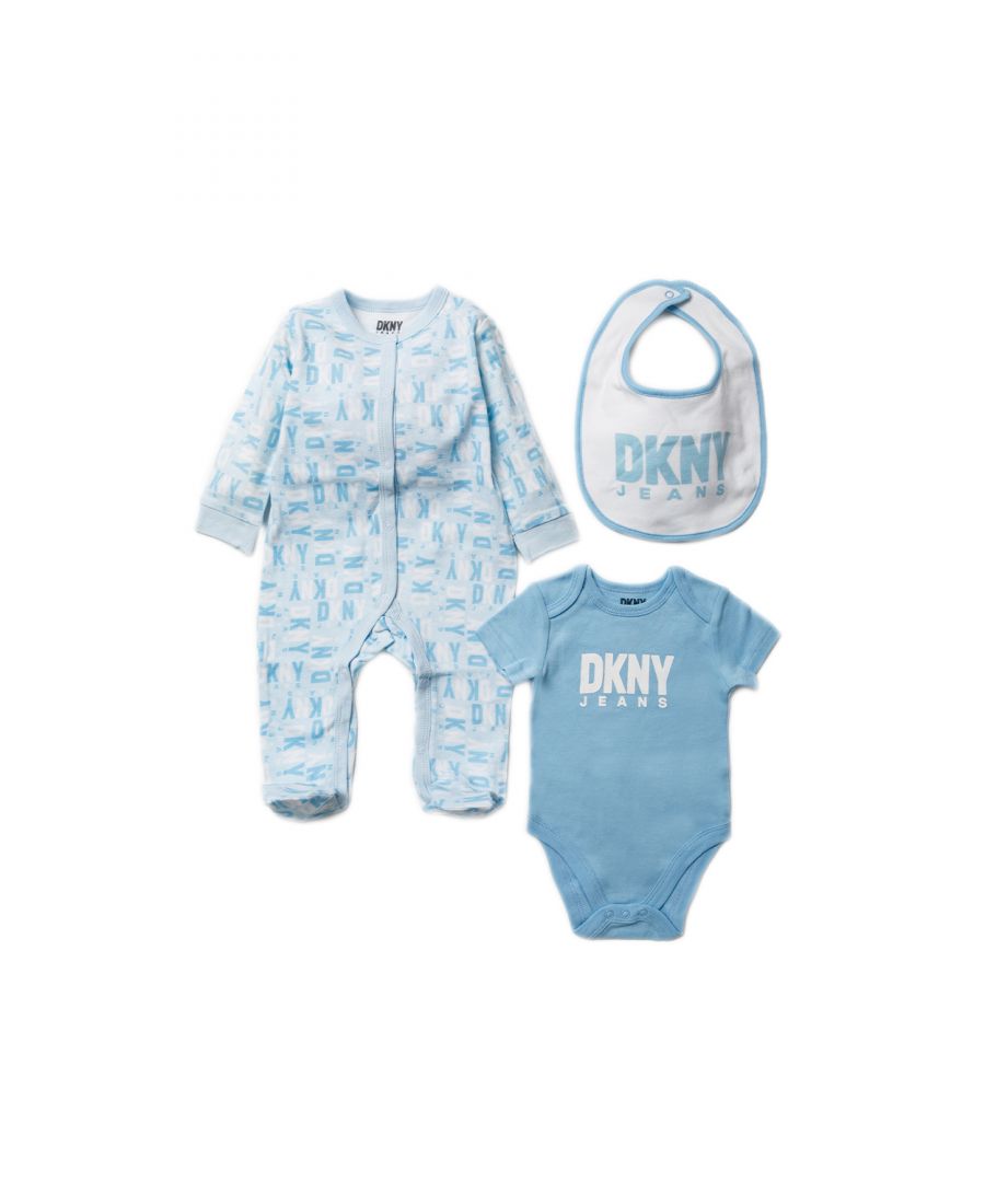 This adorable DKNY Jeans three-piece set includes a printed sleepsuit, bodysuit and a matching bib with the DKNY Jeans logo. The set is cotton, with popper fastenings, keeping your little one comfortable. This would make a sweet gift for the little one in your life!