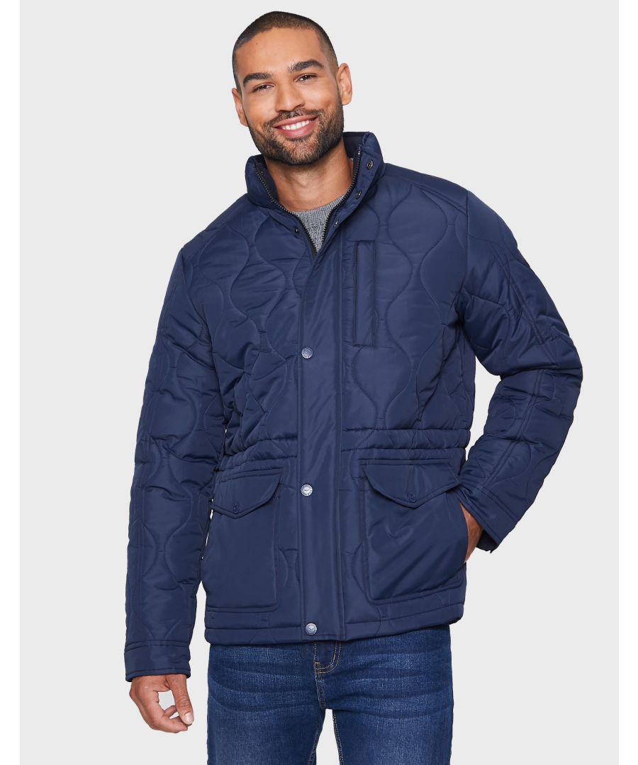 Update your outerwear with this quilted jacket from Threadbare. It features Threadbare branding on the arm, two snap fastening front pockets, a chest pocket and an internal phone size pocket. This style has a funnel neck, zip fastening with storm guard and adjustable sleeve cuffs and waist. Other colours available.