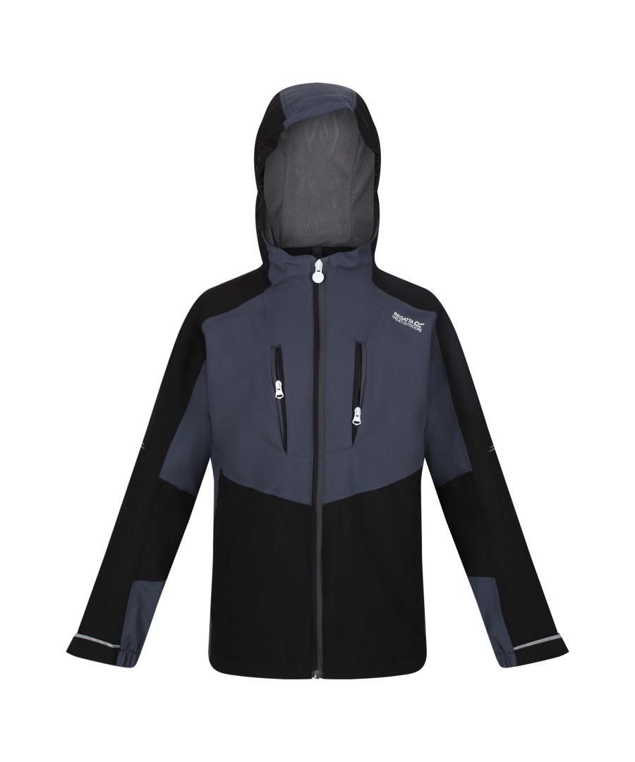 Material: 100% Polyester. Fabric: Stretch. Design: Colour Block, Logo. Badge, Reflective Trim, Taped Seams. Fabric Technology: Breathable, Isotex 10000, Waterproof. Cuff: Adjustable Wrist Strap. Neckline: Hooded. Sleeve-Type: Long-Sleeved. Hood Features: Grown On Hood. Pockets: 2 Chest Pockets, Zip, 2 Side Pockets. Fastening: Front Zip. Hem: Adjustable, Shockcord Hem.