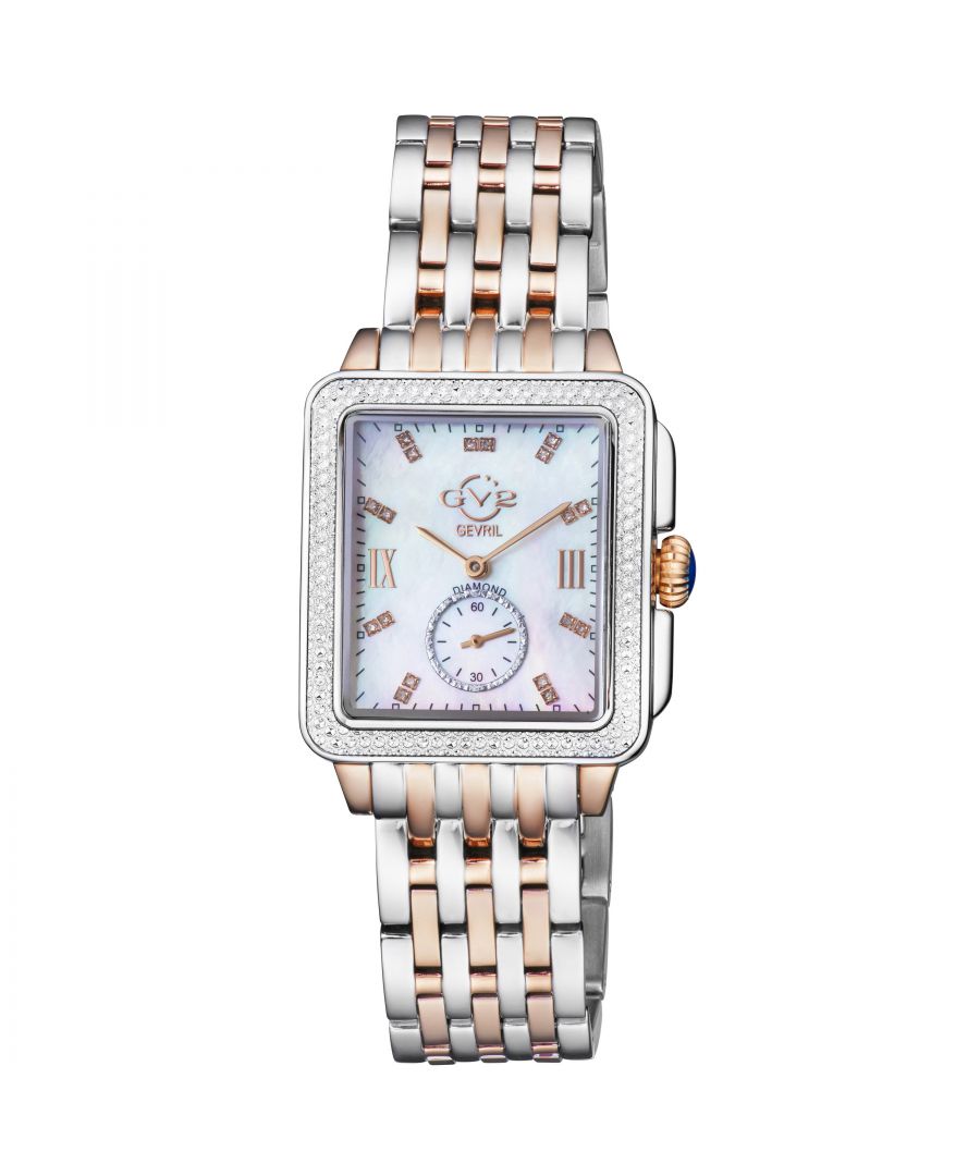The picturesque city of Bari Italy provided the inspiration for the popular ladies GV2 Bari Collection Known throughout the world as the city of St Nicholas, it is no surprise that the historic town would continue to inspire the designers.\nThe new line extension retains the Bari’s sophisticated rectangular mother-of-pearl dial embellished with eighteen glittering diamonds indices; adding a well placed sixty-second sub dial. This Bari collection has been fitted with a beautiful pumpkin shape crown topped with a Diamond Cut Bezel Case.  GV2 9254B Women's Bari Swiss Quartz Diamond Watch\n\nGV2 Women's Swiss Watch from the Bari Collection\n37mm Square IPRG Diamond Cut Bezel Case/ Push Pull Crown\nWhite MOP dial with 18 Diamonds Single Cut G/H Color\nSecond Hand Sub Dial\nTwo-toned SS/IPRG Bracelet with Deployment Buckle\nAnti-reflective Sapphire Crystal\nWater Resistant to 50 Meters/5ATM\nSwiss Quartz Movement Ronda 1069