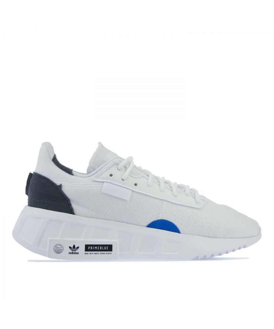 Mens adidas Originals Geodiver+ Primeblue Trainers in white black. - Textile upper. - Lace fastening.- Stitched details and 3-Stripes. - Trefoil on the heel  a tongue tab detail. - Row of icons on the EVA midsole.- Textile upper  Textile lining  Synthetic sole. - Ref.: H01784
