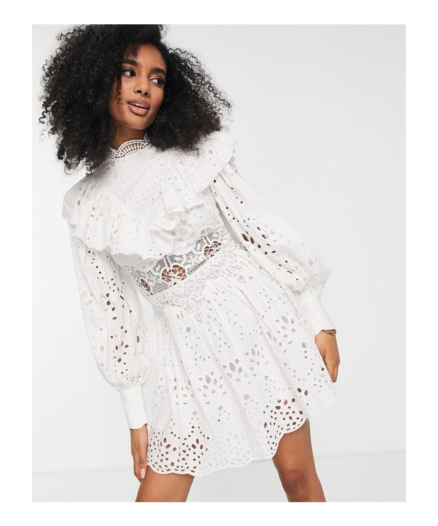 Mini dress by ASOS EDITION Love at first scroll High neck Puff sleeves Button cuffs Ruffle trims Zip-back fastening Regular fit  Sold By: Asos