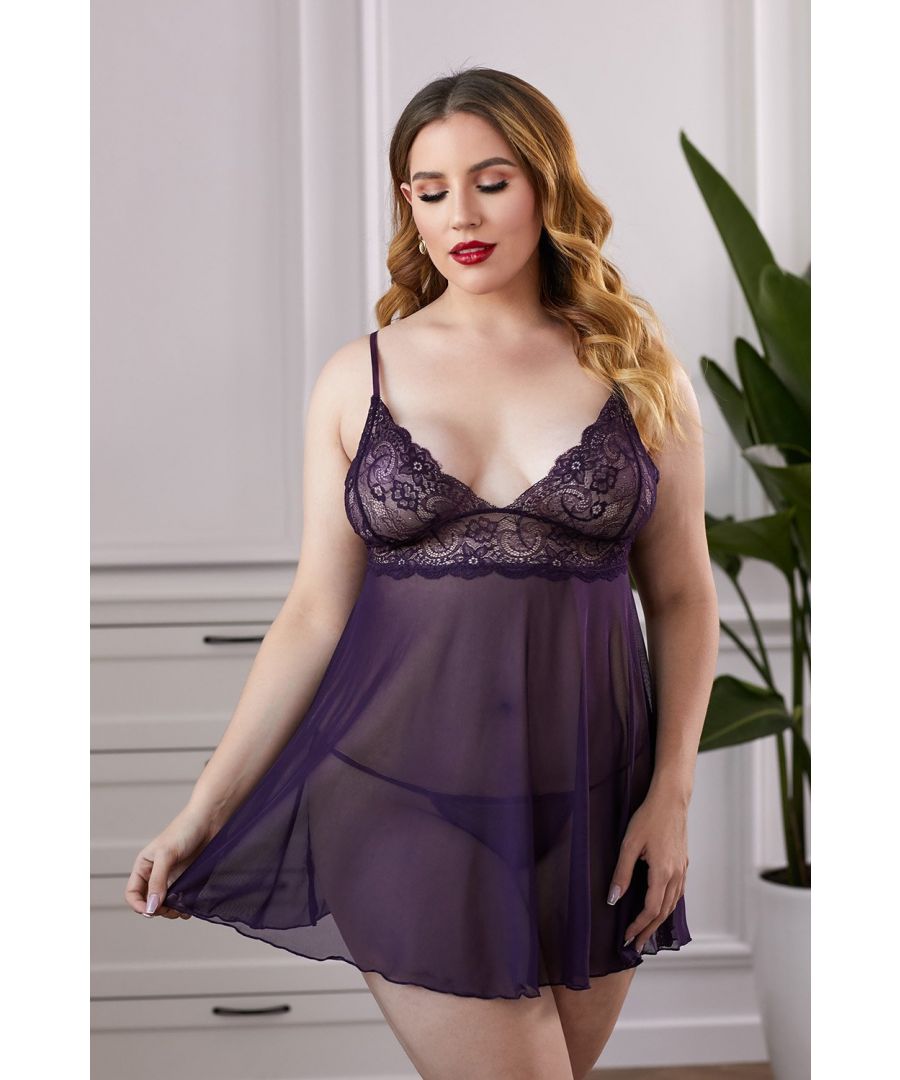 Sweet lace and smooth mesh splicing create this plus size babydoll. The spaghetti straps design is flirty and adjustable to fit you well. Lace bralette splicing with flowing mesh skirt in one-piece. Wholesale plus size babydoll with lace-up back and thong included. Create a flattering body shape and become confident by Azura Exchange plus size lingerie