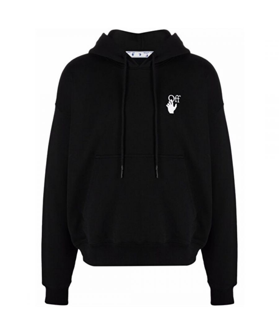 Off-White Hand Print Logo Black Hoodie. Off-White Hand Print Logo Black Hoodie Sweater. Off-White Hand Logo Front Left Chest. Off-White Brand Logo Across The Back Shoulders. Drawstring Adjustable Hood, Large Front Kangaroo Pocket. OMBB085F21FLE0071001, 100% Cotton, Made In Portugal