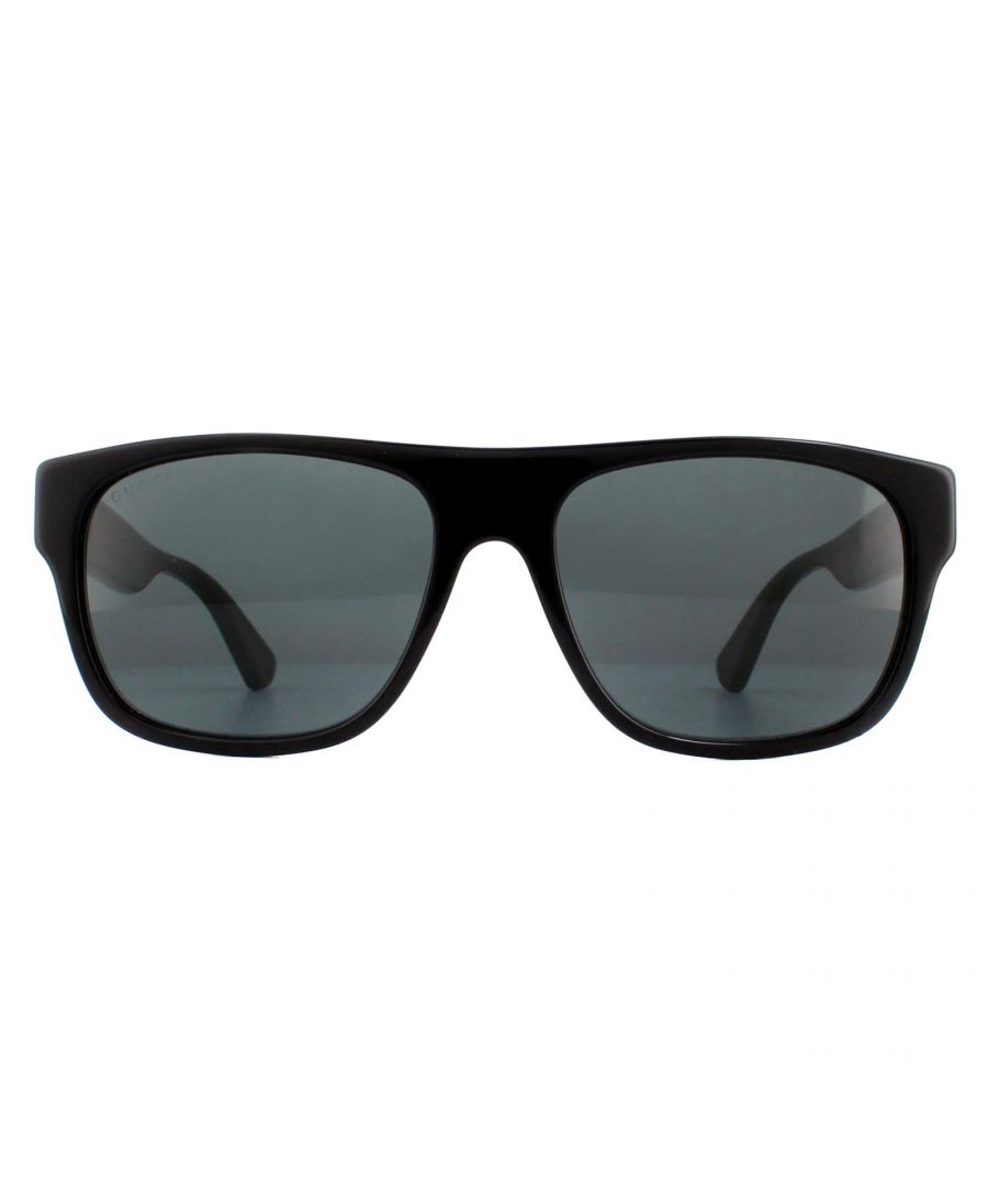 Gucci Sunglasses GG0341S 001 Black Green Red Grey are a simple and stylish rectangular style for men featuring striped green and red temples with the Gucci text logo at the hinge. Flattering and versatile, they're perfect for any occasion and will suit most face shapes.