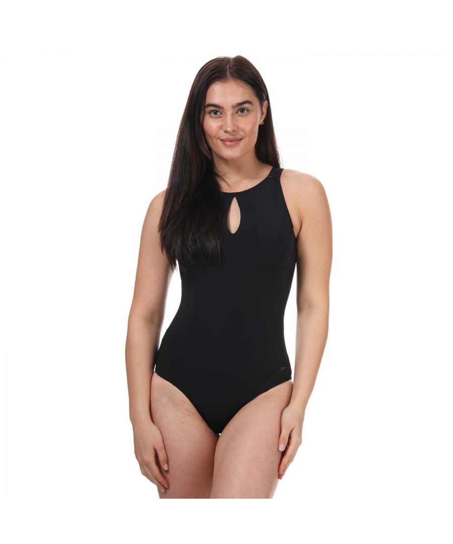 Womens Speedo Sculpture Vivashine Swimsuit in black.Body shaping swimsuit  from the Speedo Sculpture collection.- ShapeComprexUltra fabric comfortably shapes and controls the tummy and waist.- XtraLife Lycra fits like new for longer with increased chlorine resistance.- Cut to shape and flatter your bust for comfort  fit and confidence.- Classic high neckline with keyhole cut out detail.- Teardrop shaped back with clip closure  designed to balance the body by enhancing the bust and flattering the hips.- Medium bust support.- Body: 69% Nylon  31% Elastane.  Lining: 100% Polyester.  Machine washable.- Ref: 8-118210001Please note that returns will only be accepted if the hygiene label is still attached to the product.